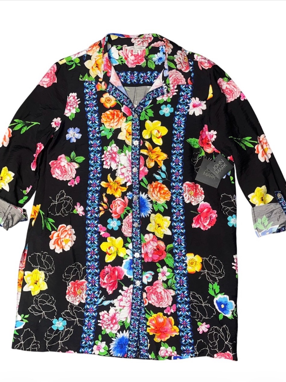 John Mark Boho Floral Button Up Blouse Black Pink Collar Ladies Small NWT